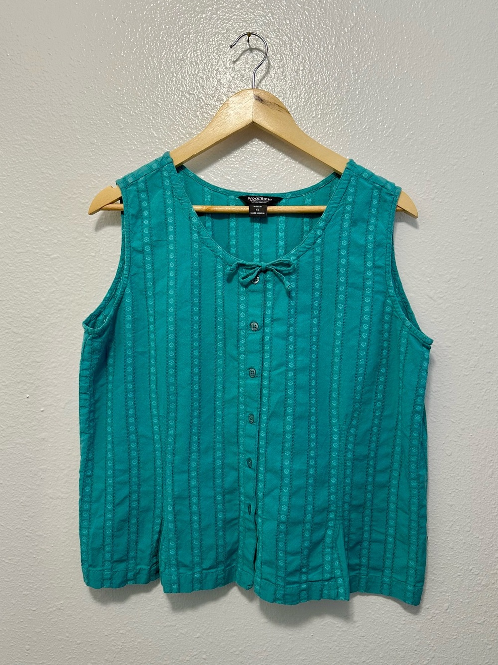 Woolrich 100% Cotton Sleeveless Top Teal Button Front Blouse Size XL